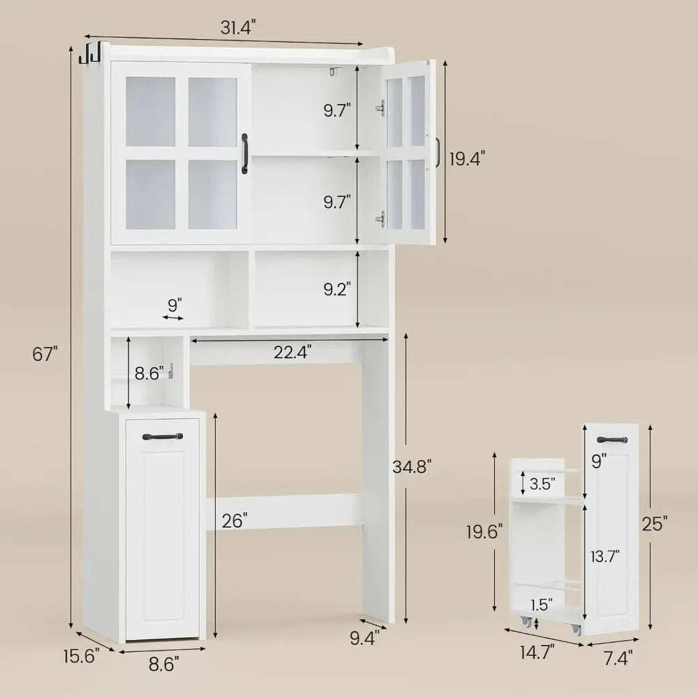 Over Toilet Storage Cabinet With Adjustable Shelves And Glass Doors