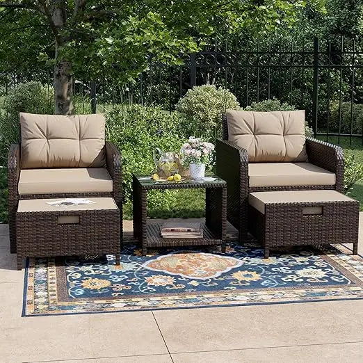 5 Piece Patio Conversation Set PE Wicker With Glass Table