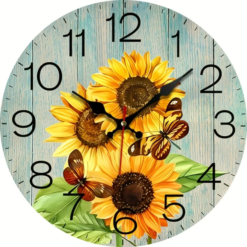 JFHT Wood Sunflower And Butterfly Decorative Silent Wall Clock