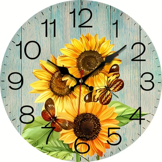 JFHT Wood Sunflower And Butterfly Decorative Silent Wall Clock