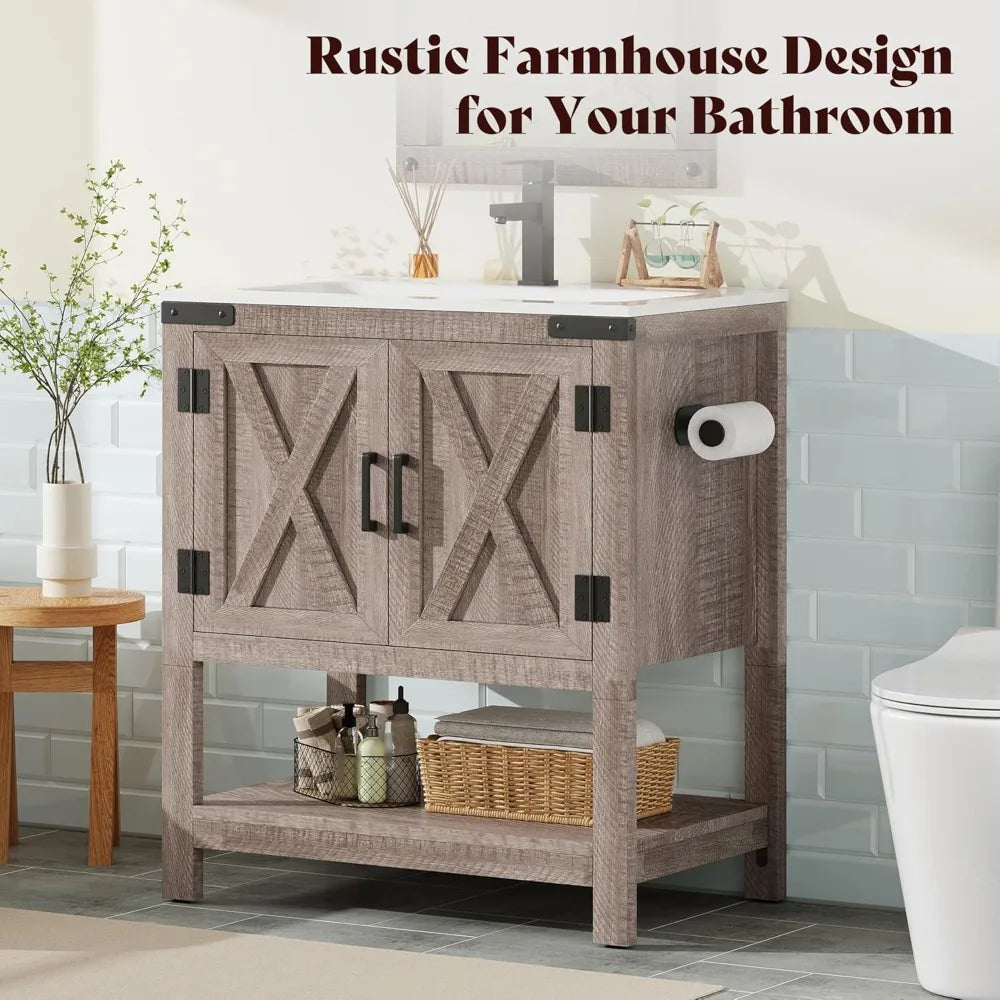Farmhouse Bathroom Vanity With Sink And Barn Doors Open Shelf