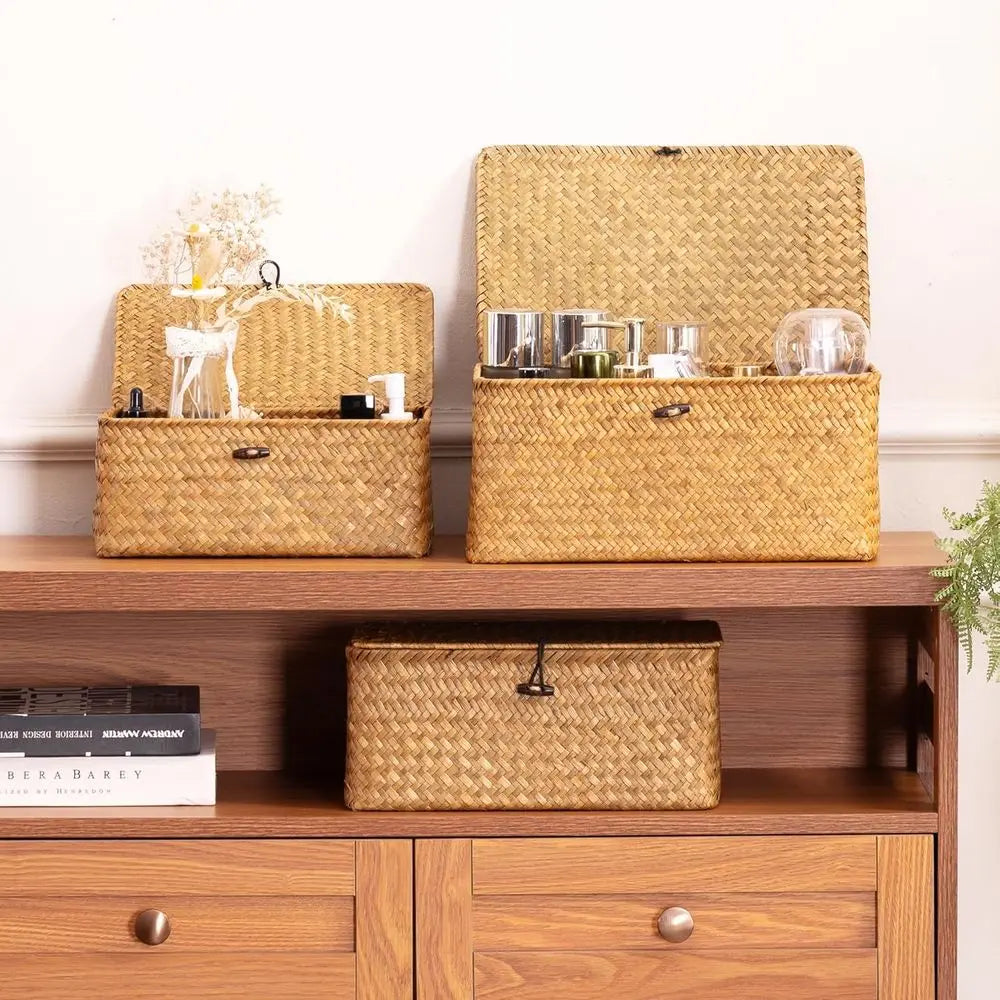 Natural Seagrass Storage Baskets With Lid Three Piece Set