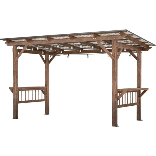 Wooden Pergola Gazebo With Metal Roof And Bar Counters