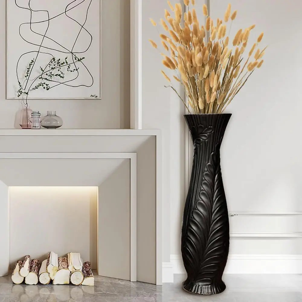 Handcrafted Ceramic Floor Vase With Feather Pattern For Home Decor