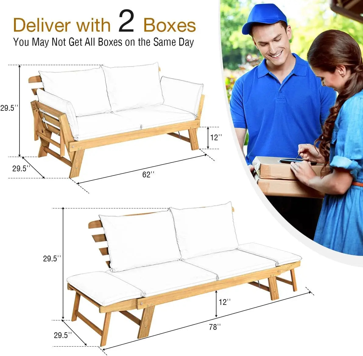 Convertible Acacia Wood Outdoor Sofa Bed With Adjustable Armrest