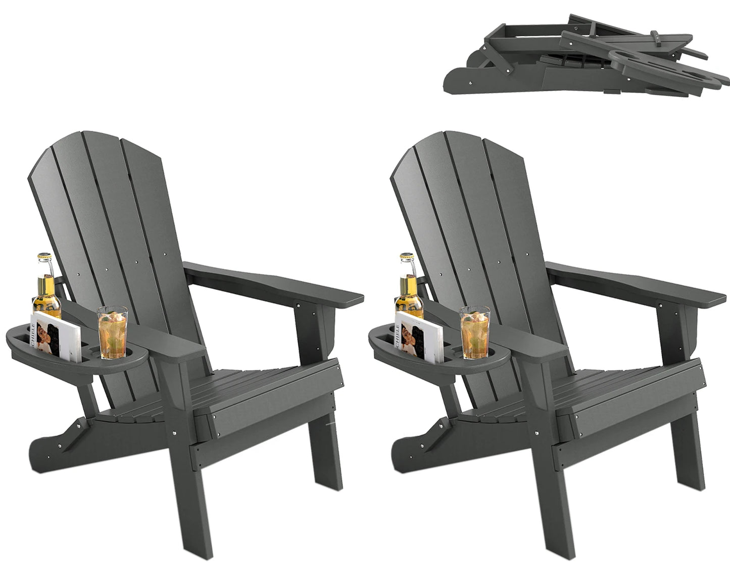 FOOWIN Folding Adirondack Chair Weather Resistant HDPE With Cup Holder