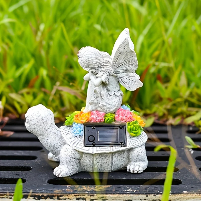 Solar Angel Turtle Resin Statue Garden Decor Outdoor Light