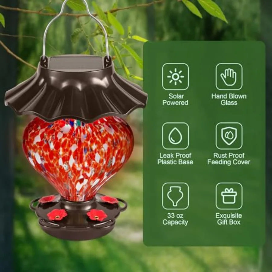 SHXI Solar Hummingbird Feeder Outdoor Hanging Heart-Shaped Glass