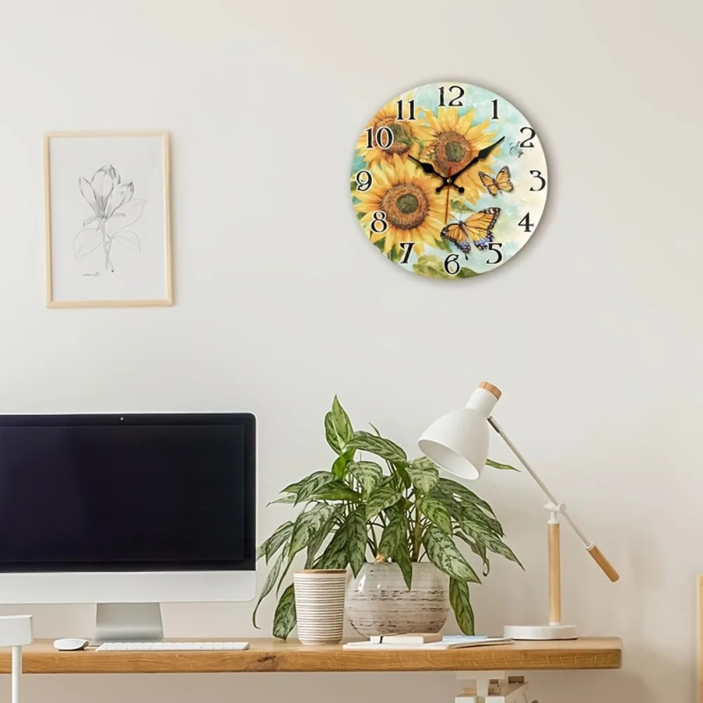 Jfht Wooden Silent Wall Clock With Sunflower Design For Home