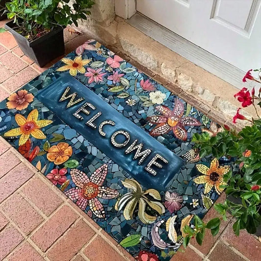 Boho Floral Welcome Doormat Mosaic Print Non Slip Entrance Rug