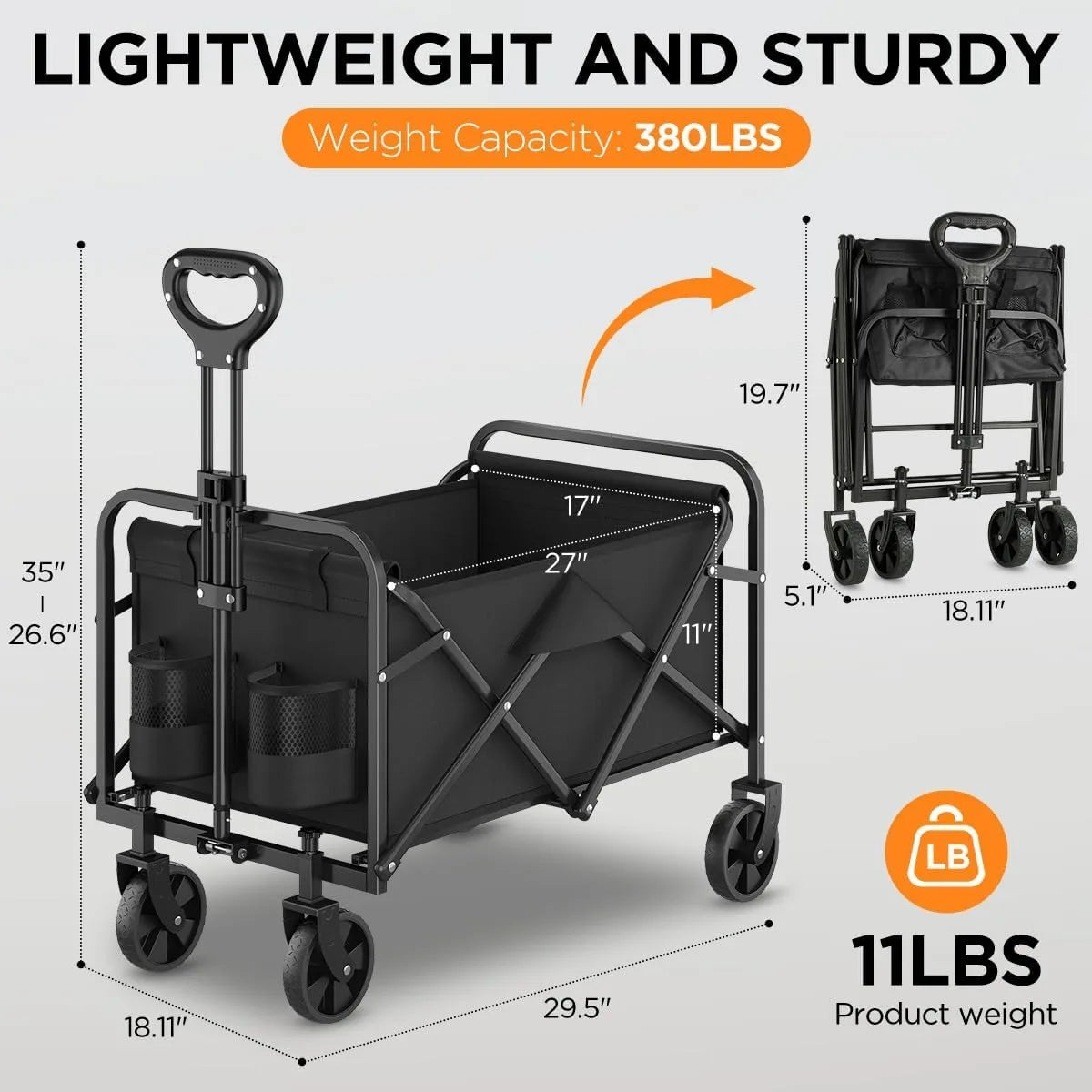 Heavy Duty Folding Garden Wagon With Adjustable Handle For Outdoors