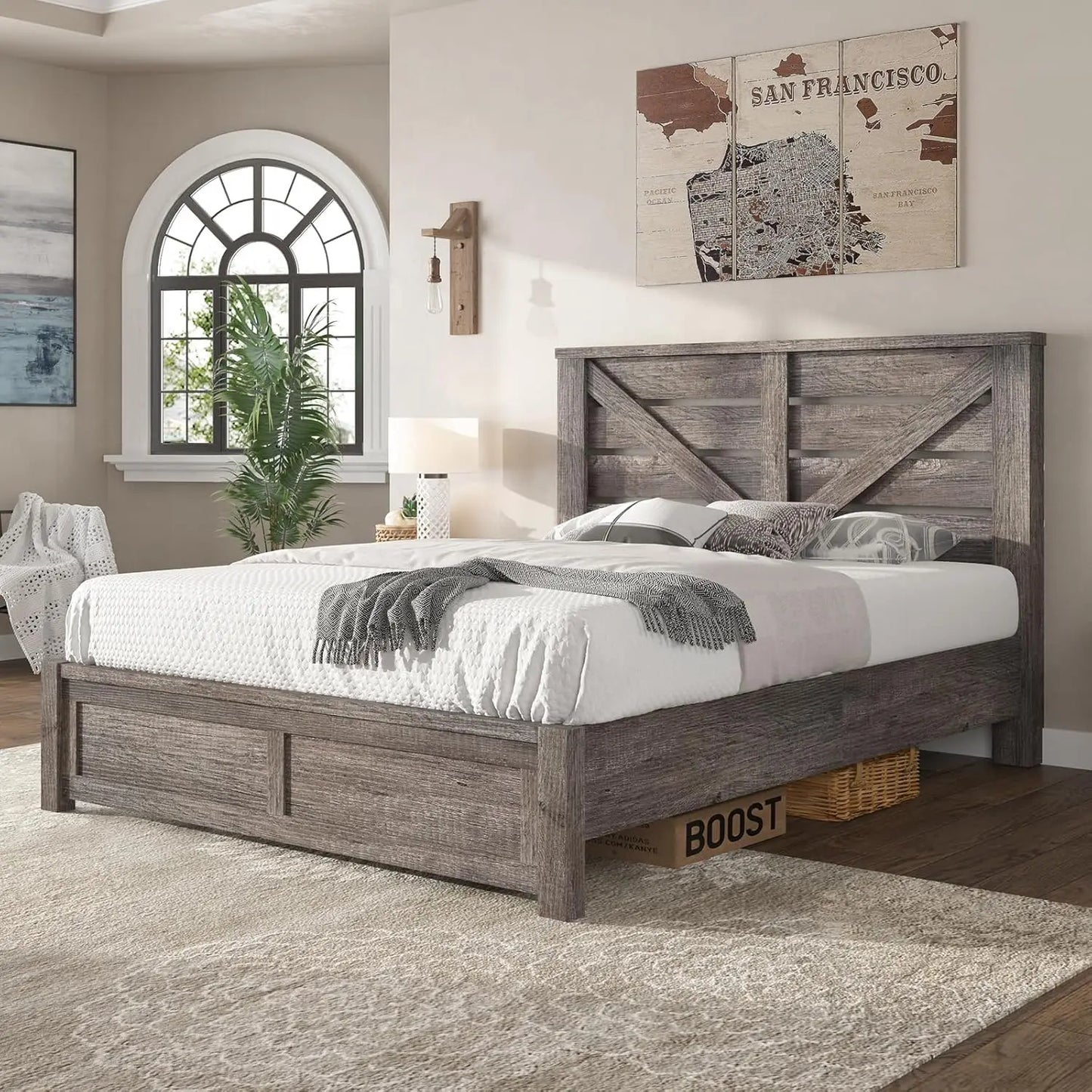 Farmhouse Bed Frame With Barn Door Headboard And Wood Slats