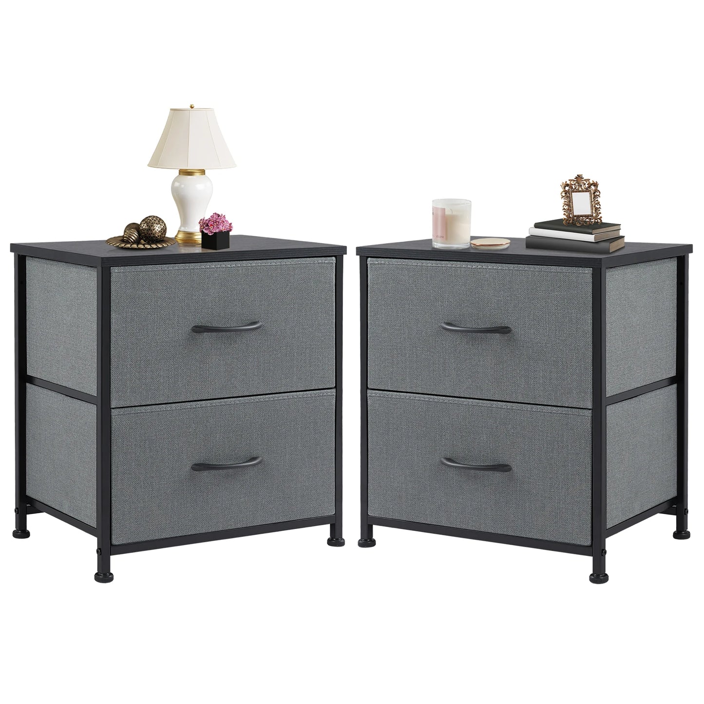 JHK Modern Nightstand With Dual Fabric Drawers And Metal Frame