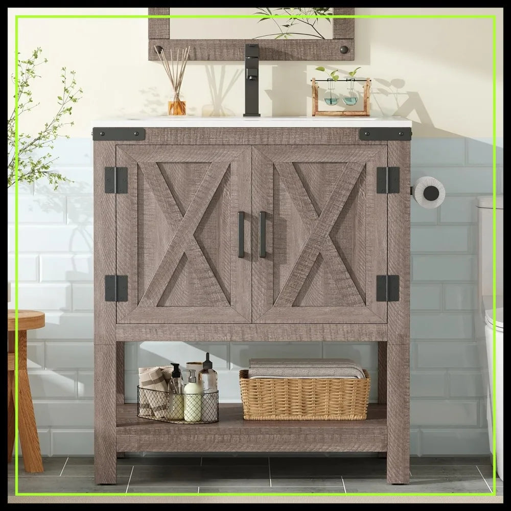 Farmhouse Bathroom Vanity With Sink And Barn Doors Open Shelf