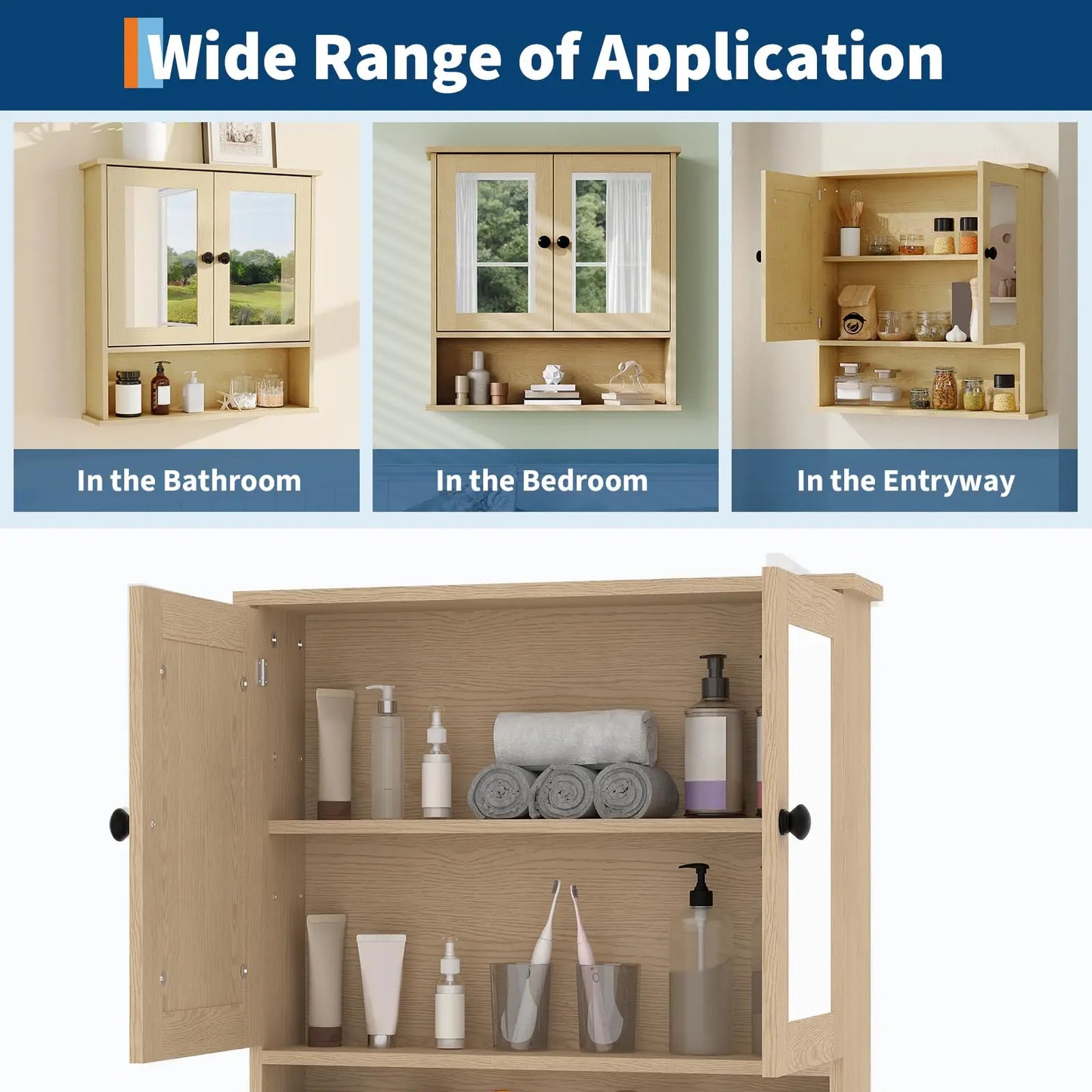 HiMISS Wall Mounted Bathroom Cabinet With Mirror Doors Adjustable Shelves