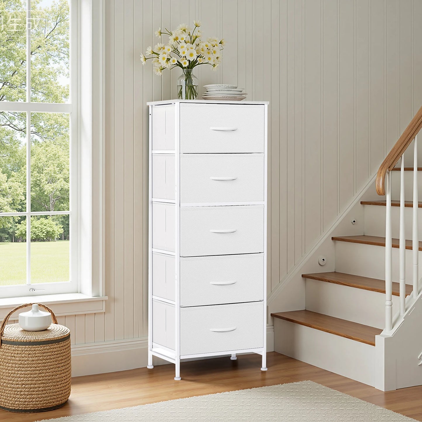 JHK Steel Frame Bedroom Dresser With Five Fabric Drawers