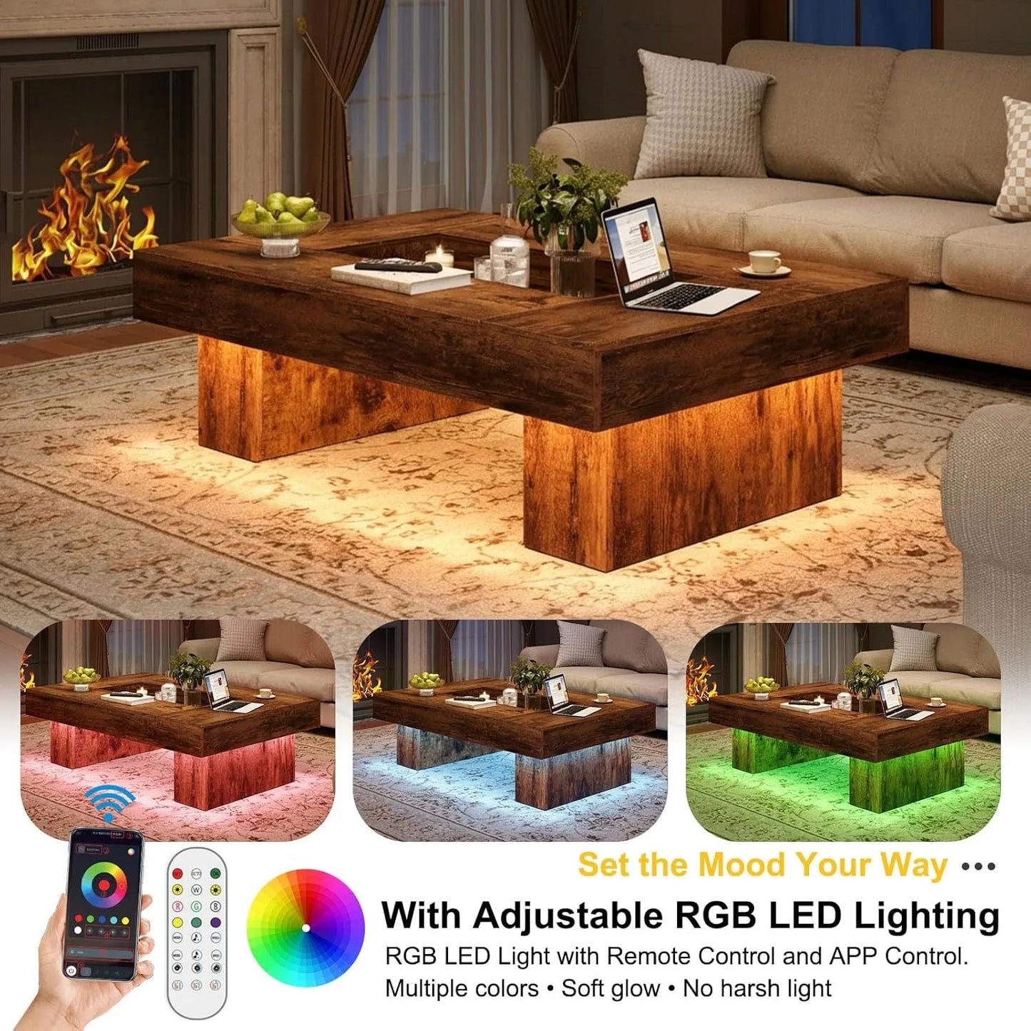 XIUWO Rustic Wood Coffee Table With Storage Featuring LED Light