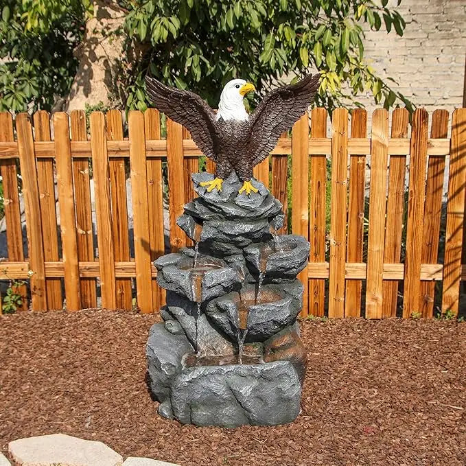 YZM Bald Eagle Outdoor Fountain Tiered Cascading Rock Feature