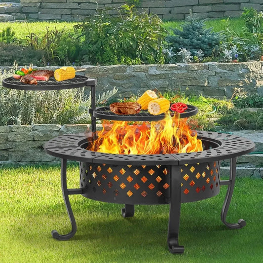 Outdoor Fire Pit With Dual Grills Lid And Poker System