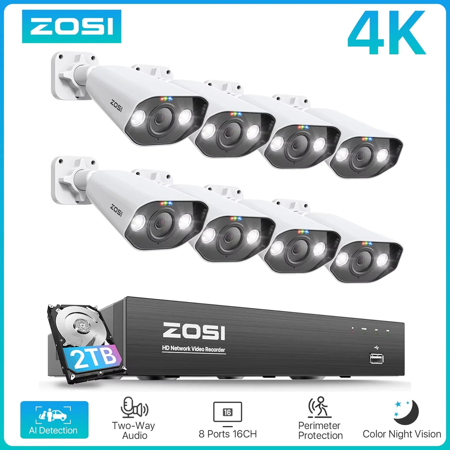 ZOSI 8CH POE Video Surveillance Kit 4K AI Night Vision