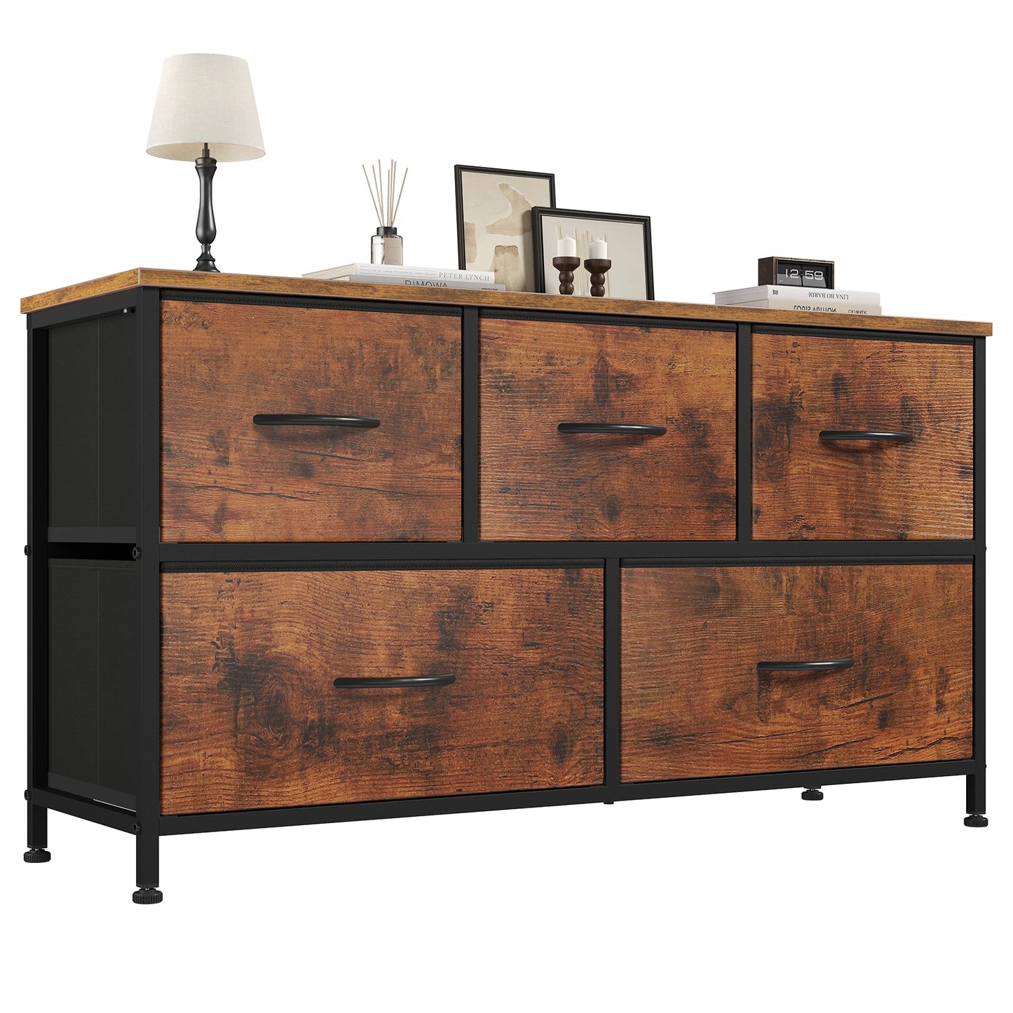 MCQ Five Drawer Fabric Storage Tower Wooden Top Metal Frame