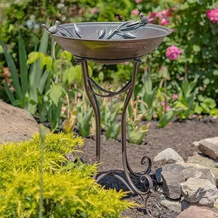 Metal Birdbath With Two Cast Iron Birds And Leaf Decoration