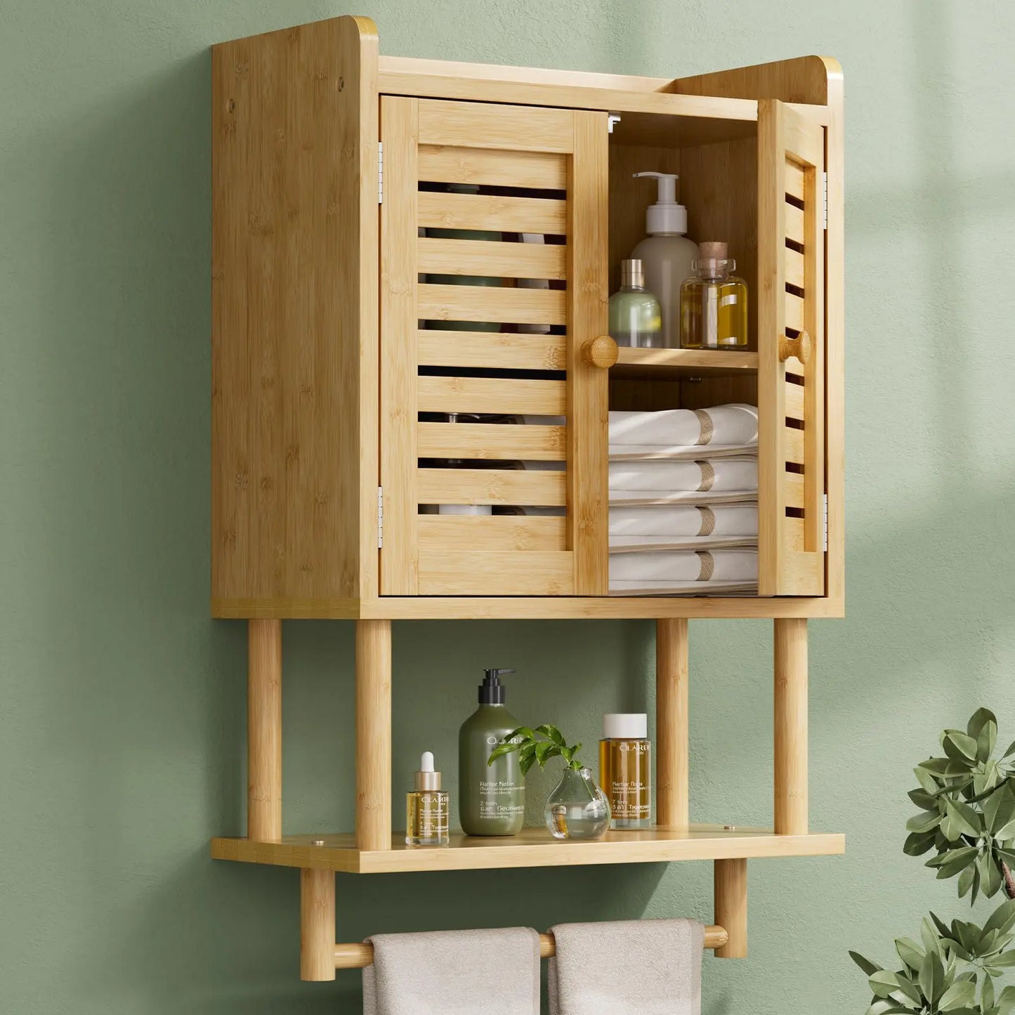 XIUWO Bamboo Bathroom Wall Cabinet With Rattan Door