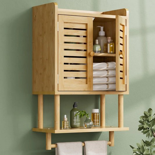 XIUWO Bamboo Bathroom Wall Cabinet With Rattan Door