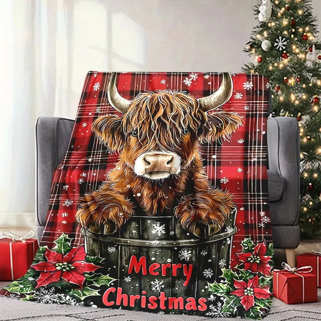 Christmas Highland Cow Snowflake Flannel Blanket Cozy Gift