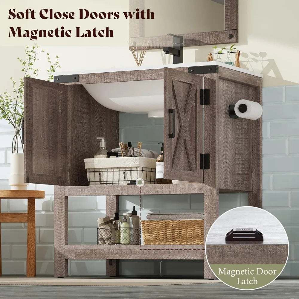 Farmhouse Bathroom Vanity With Sink And Barn Doors Open Shelf