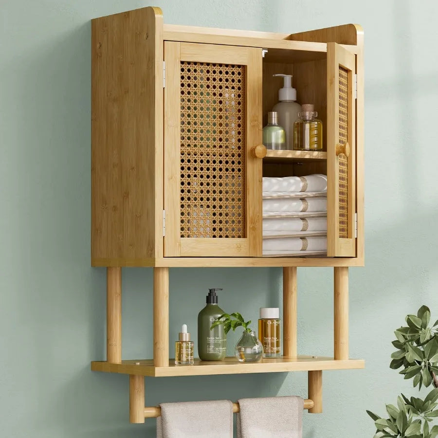 XIUWO Bamboo Bathroom Wall Cabinet With Rattan Door