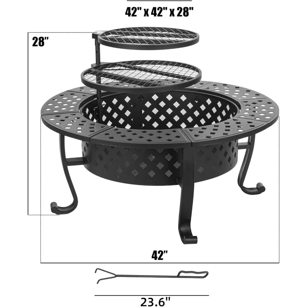 Outdoor Fire Pit With Dual Grills Lid And Poker System