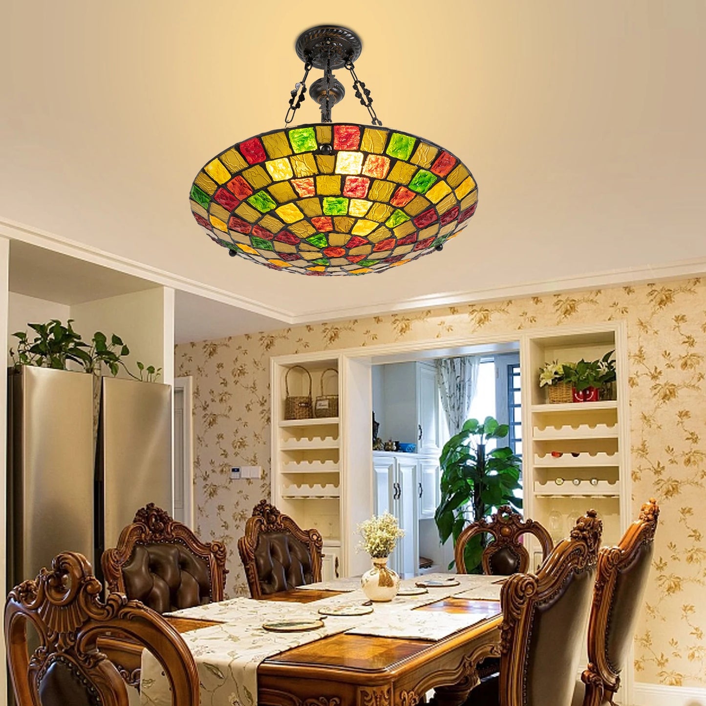 Bymaocar 60W Antique Stained Glass Inverted Tiffany Pendant