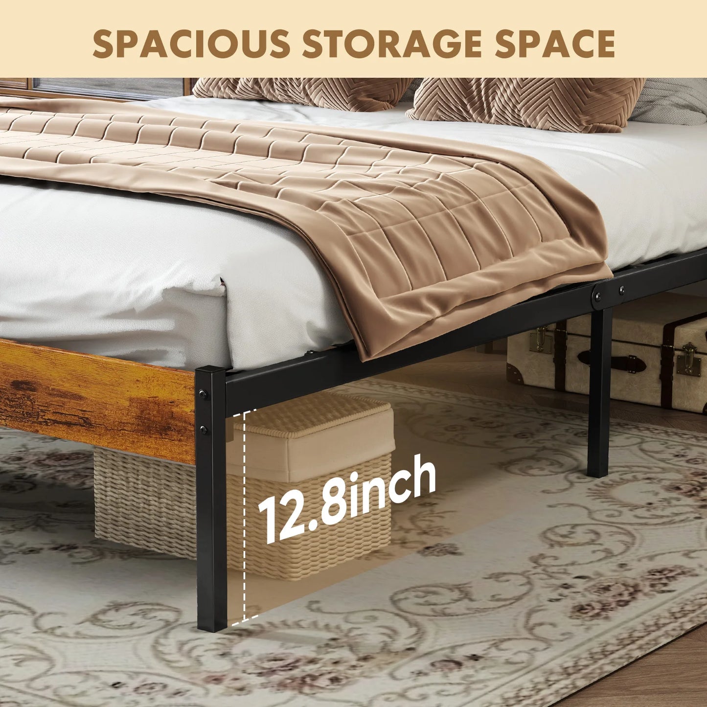 MCQ Wooden Headboard and Metal Platform Bed Frame with Slats