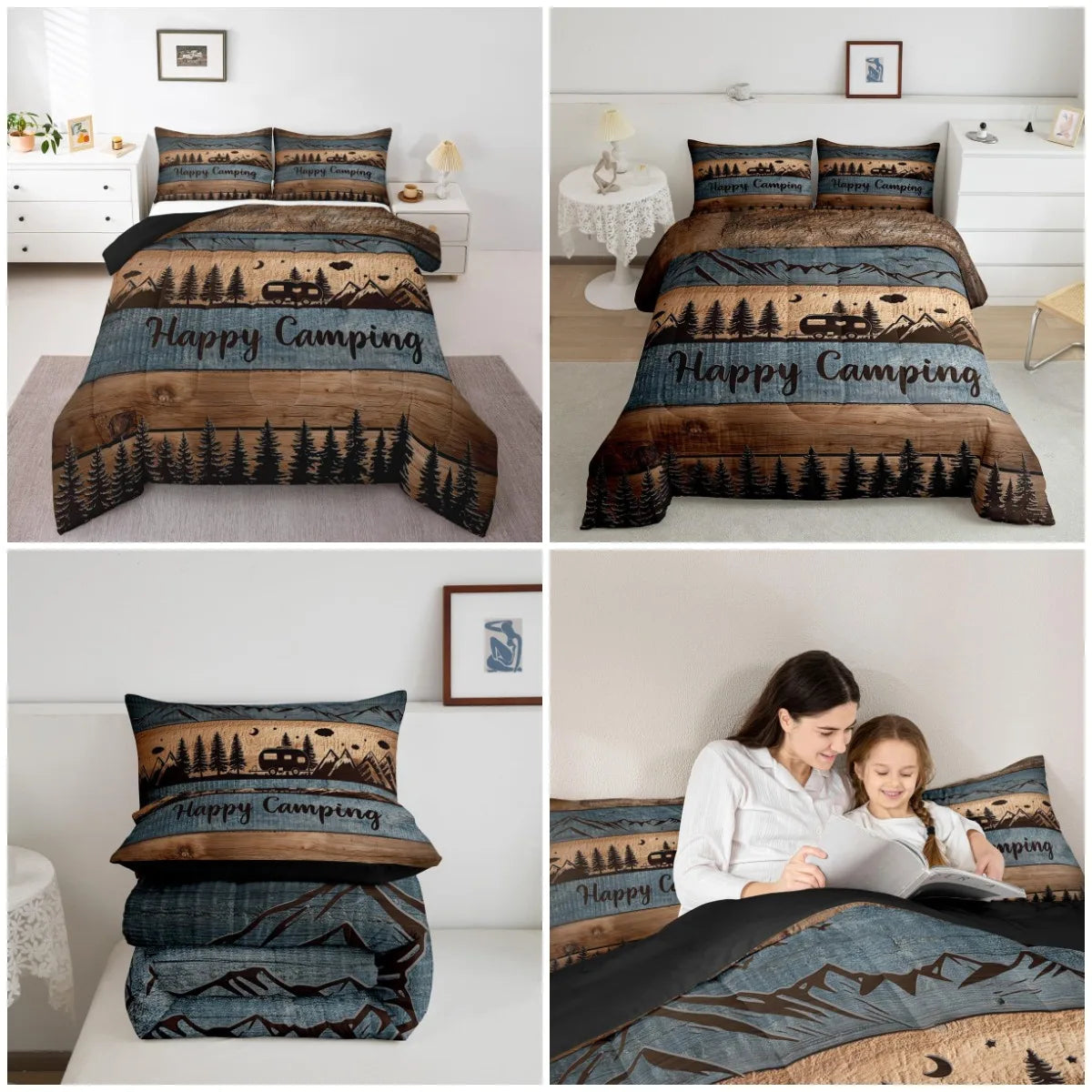 YTYIN Happy Camping Comforter Set With Camper Themed Pillow Cases