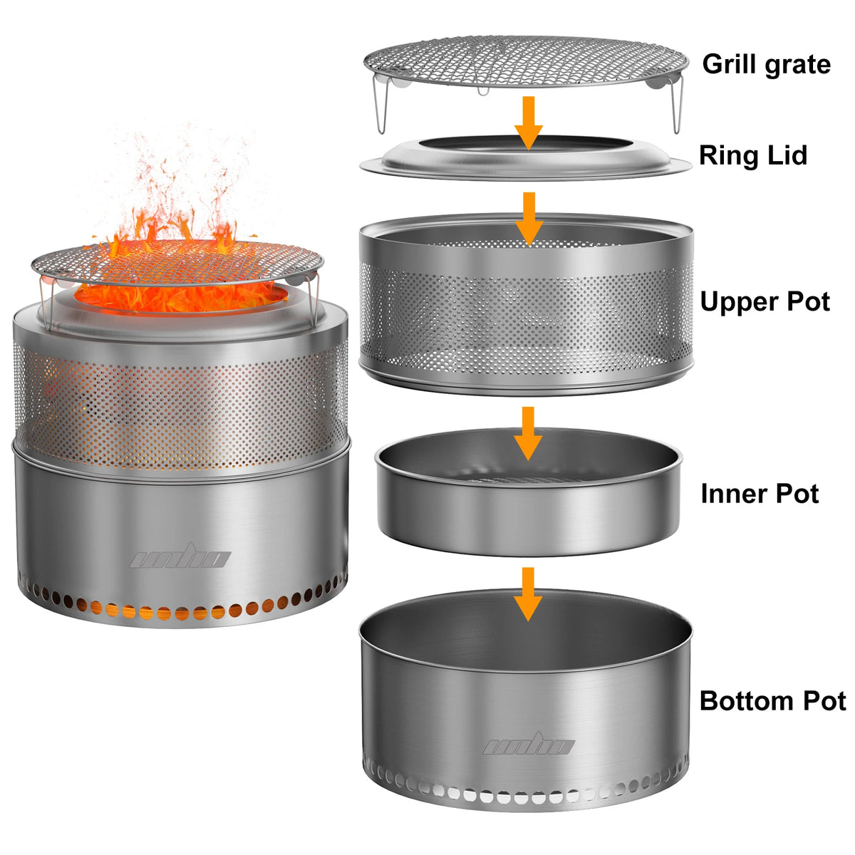 Unho Portable Smokeless Fire Pit Stainless Steel Outdoor Wood Burner