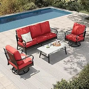 Outdoor 4-Piece Patio Set With Metal And Rattan Rocking Chairs And Marble Table