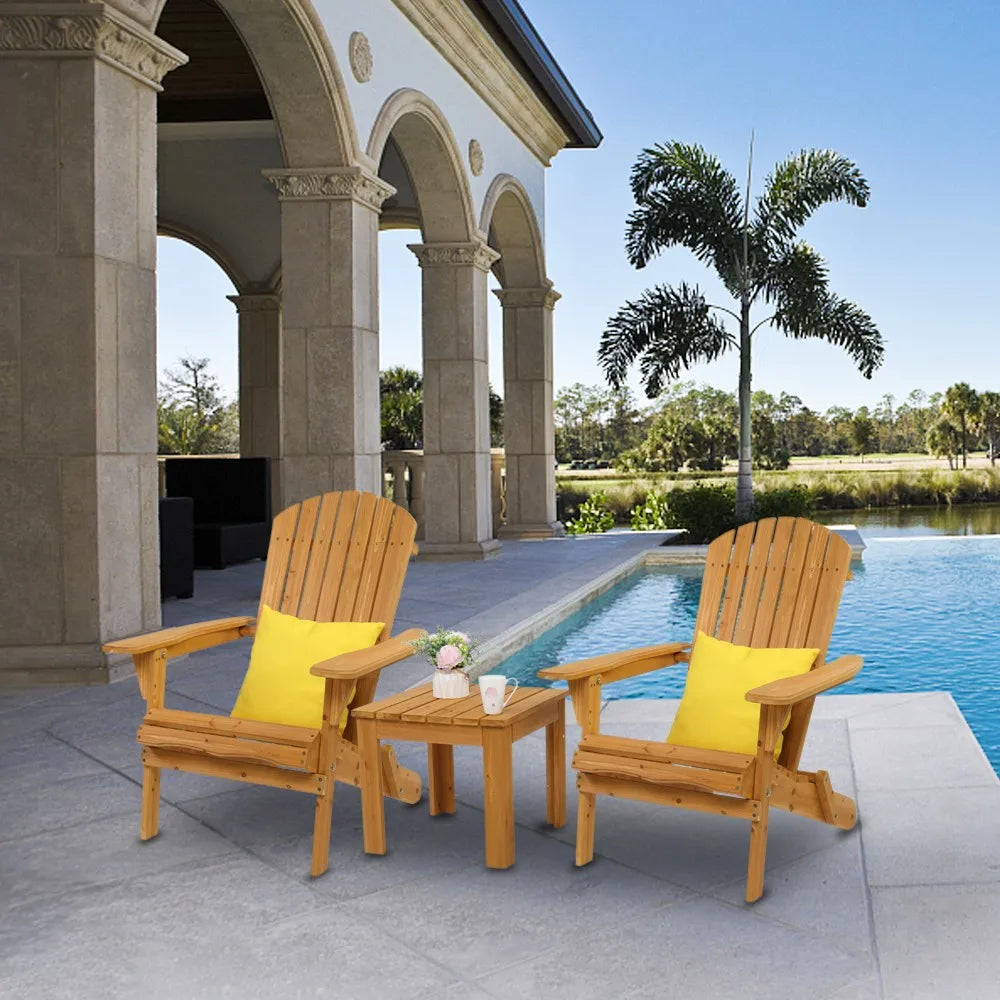 Two Adirondack Outdoor Wood Lounge Chairs Folding Patio Furniture