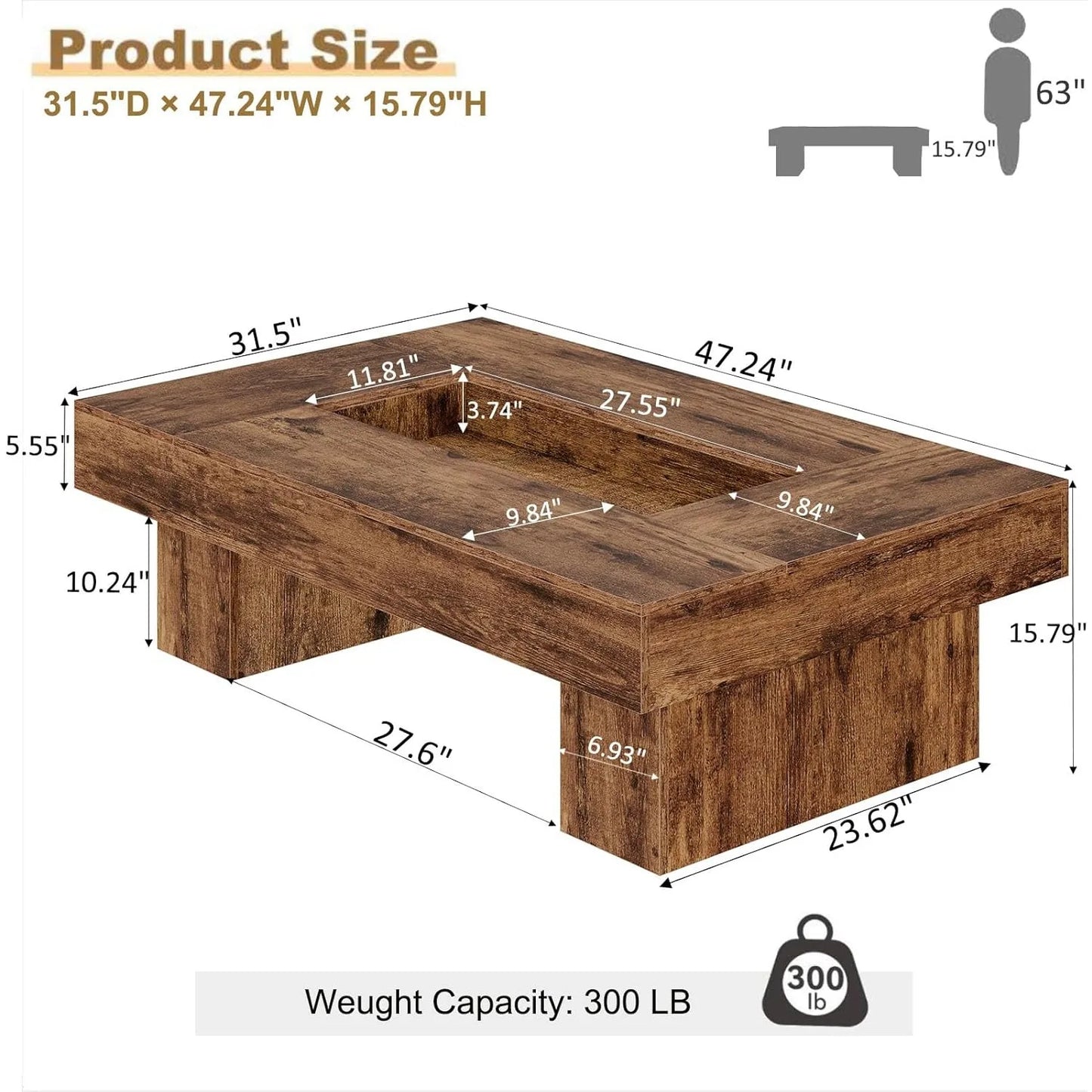 XIUWO Modern Farmhouse Wood Coffee Table With Storage LED