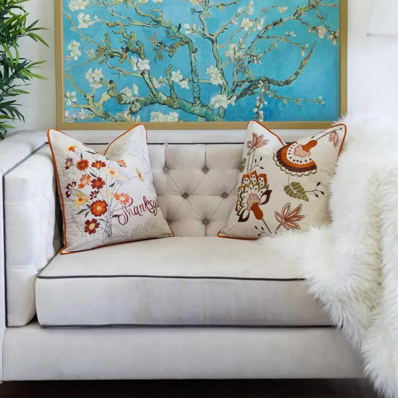 Autumn Floral Embroidered Throw Pillow For Elegant Home Decor