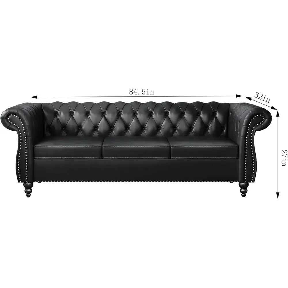 Chesterfield Leather Sofa and Loveseat Set with Scroll Arm Design