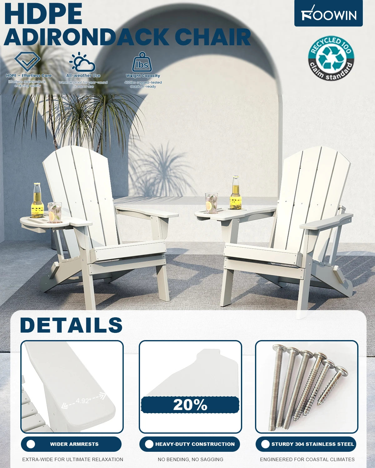 FOOWIN Folding Adirondack Chair Weather Resistant HDPE With Cup Holder