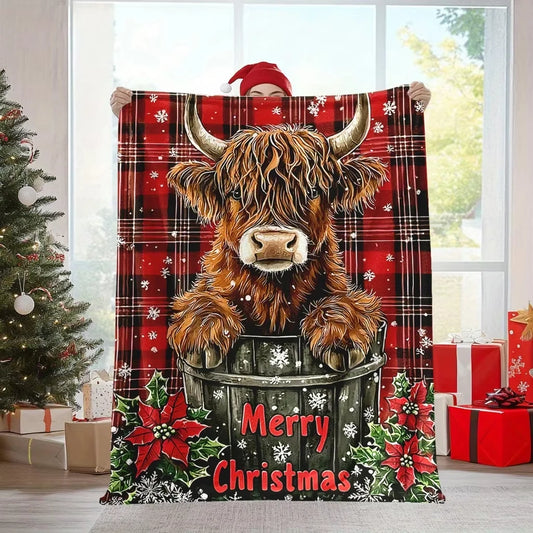 Christmas Highland Cow Snowflake Flannel Blanket Cozy Gift