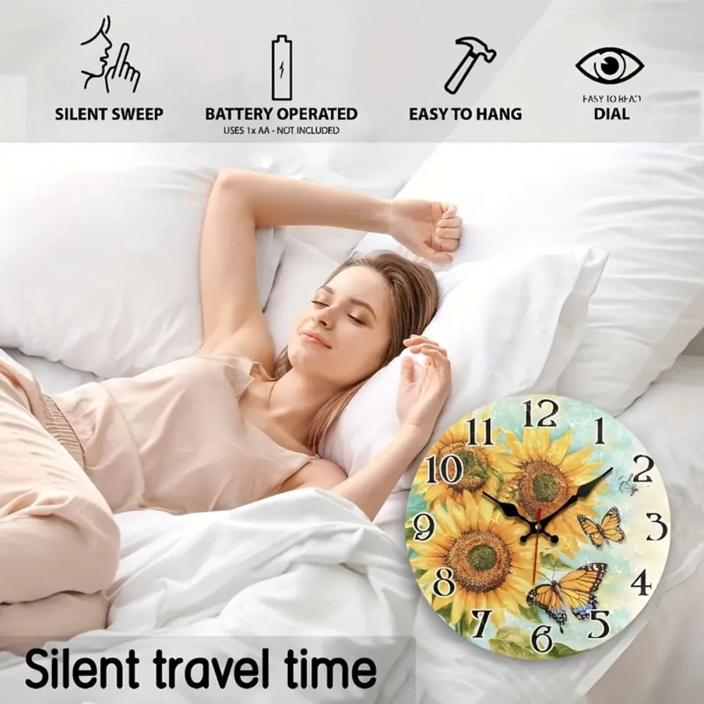 Jfht Wooden Silent Wall Clock With Sunflower Design For Home