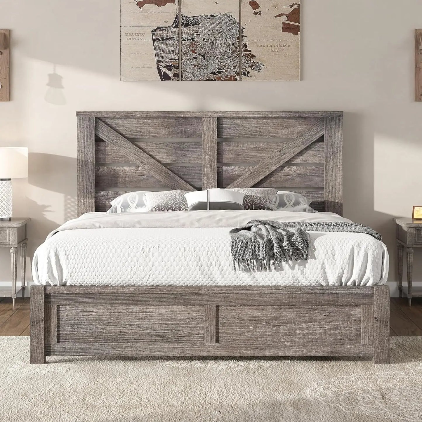 Barn Door Farmhouse Bed Frame With Engineered Wood Slats