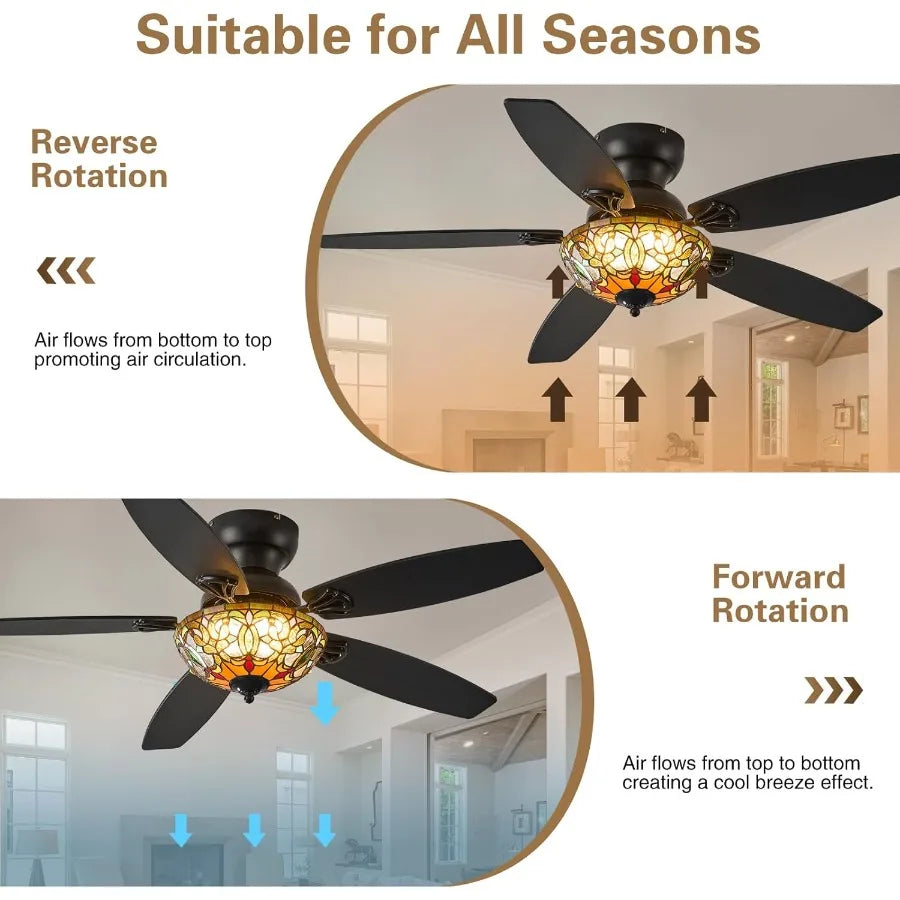 Tiffany Style Six Speed Ceiling Fan With Integrated Lights