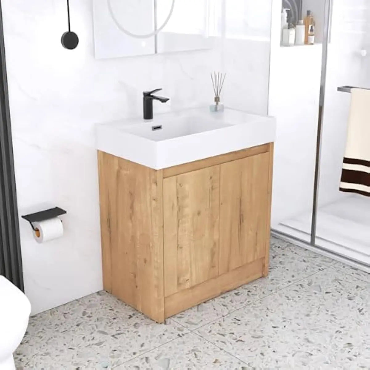 Freestanding Bathroom Vanity Cabinet With Resin Sink And Adjustable Shelves
