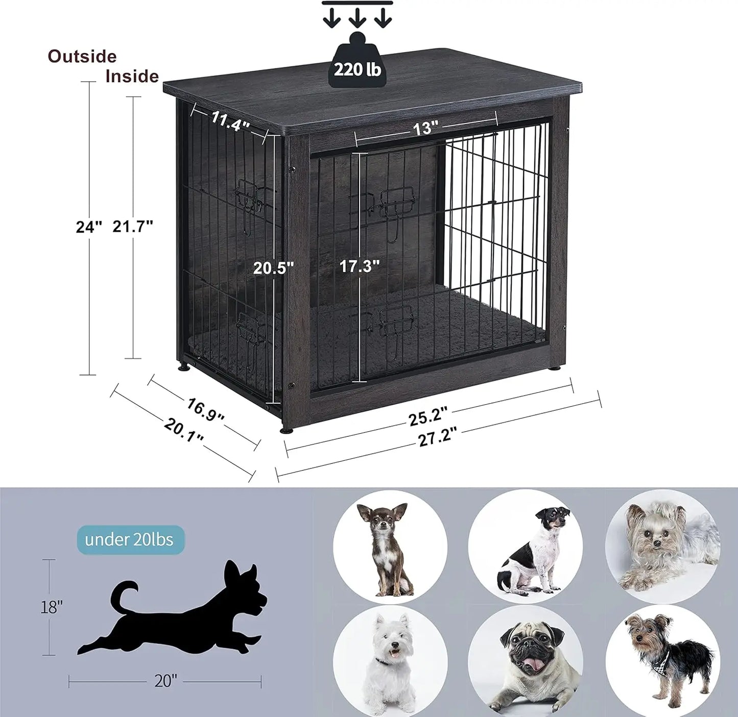 Wooden Dog Crate Furniture With Cushion And Double Doors