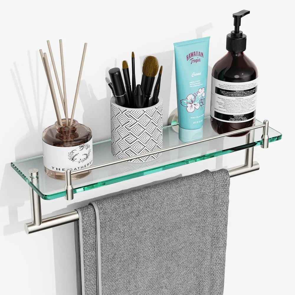 Glass Bathroom Shelf With Towel Bar In Brushed Nickel Finish