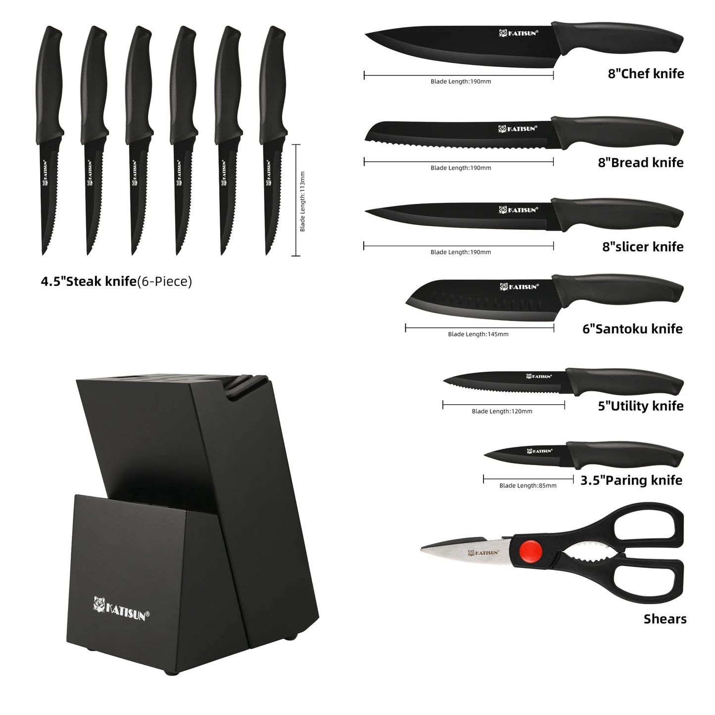 KATISUN Carbon Steel Kitchen Knife Block Set With Sharpener